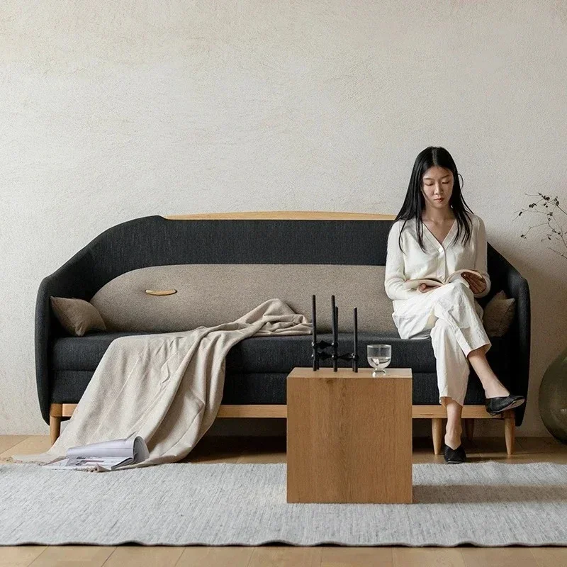 A44 Warm sleep sofa bed small apartment living room bedroom foldable fabric solid wood sofa straight row designer