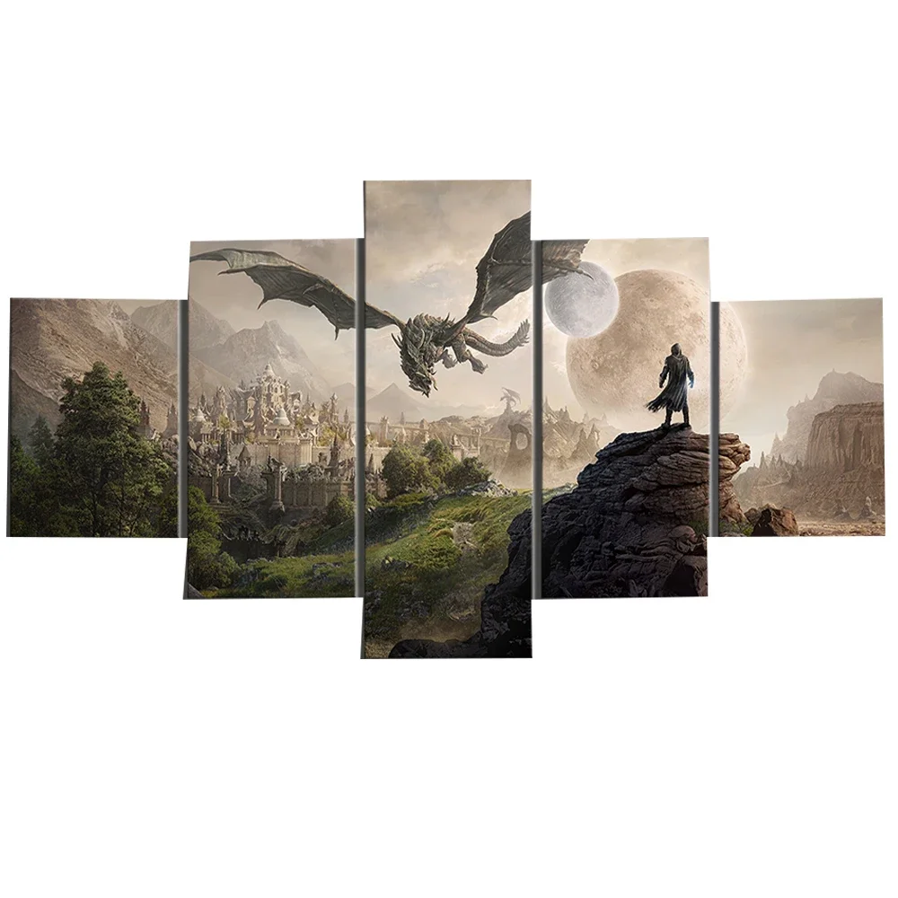 Skyrim Game 5 قطع قماش جدار الفنون HD شخصية يطبع غرفة المعيشة غرفة نوم صورة ديكور المنزل اللوحة #3