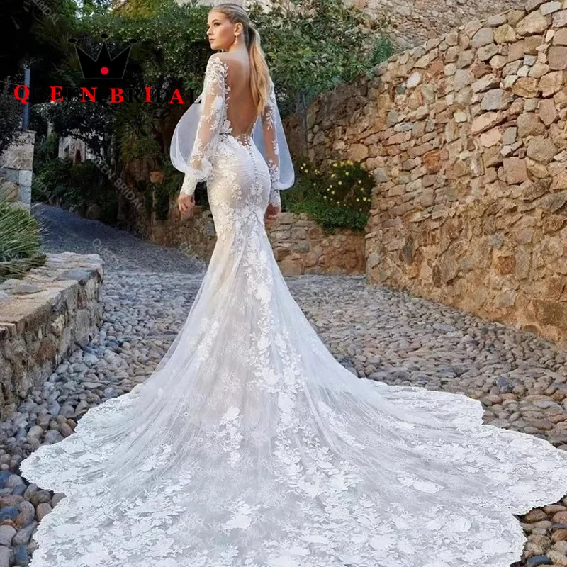 Long Puff Sleeve Mermaid Wedding Dresses Appliques Lace V Neck Floor Length Women Bridal Gowns Vestidos De Novia Custom S82X