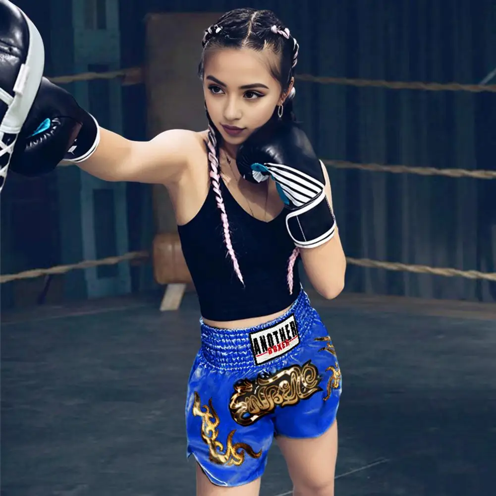 Muay Thai Boxing Shorts Women Men Training Fighting Kickboxing Trunks Wide Elastic Waistband Embroidery Pattern Boxing Shorts