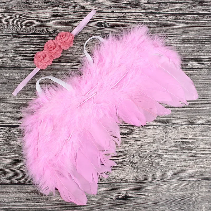 2pcs/set Newborn Angel Feather Wings with Baby Girl Rose Flower Headband Hair Accessories Infant Photography Props Gifts Set