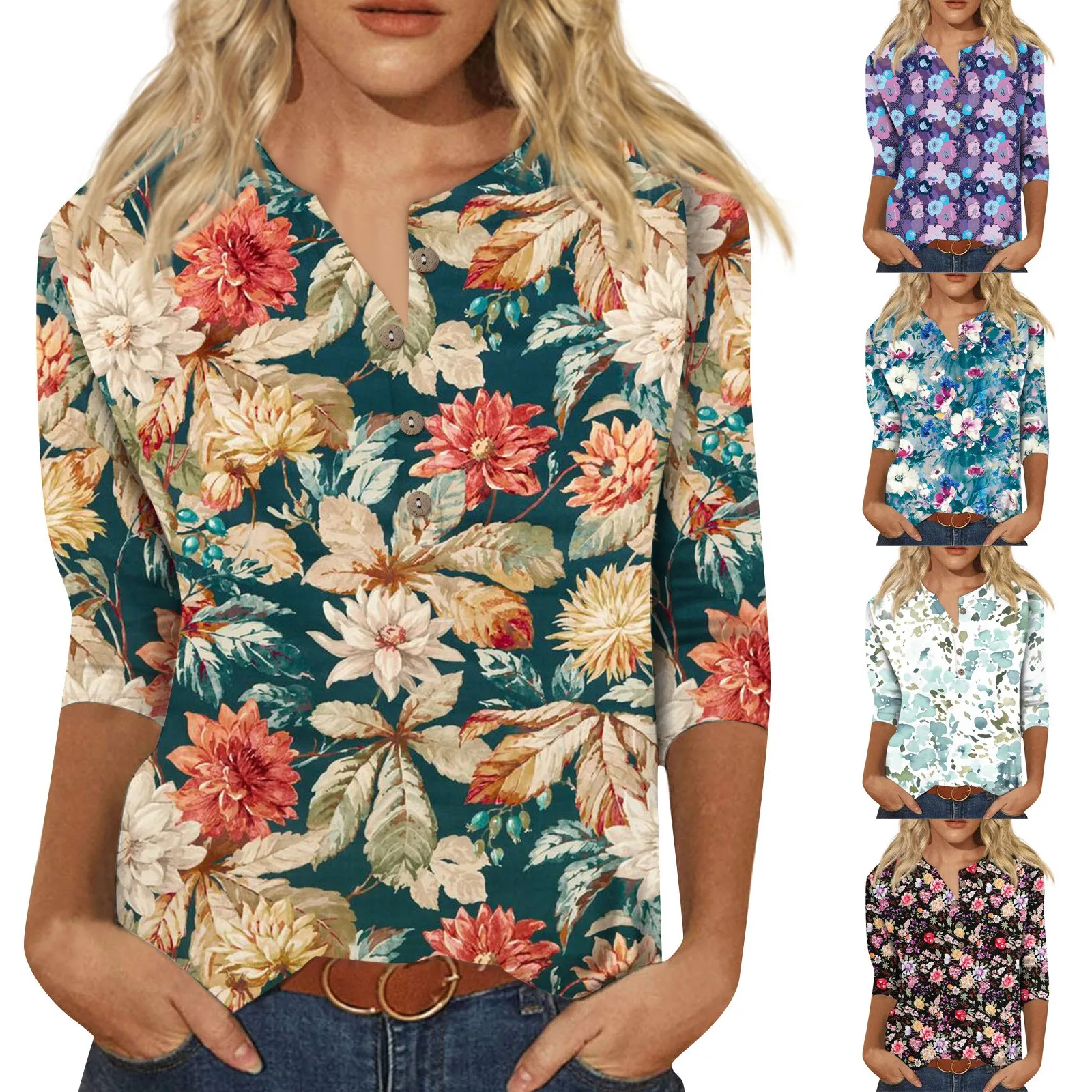 Camiseta casual com estampa floral feminina, solta, confortável, gola redonda, manga curta, top verão, moda exterior