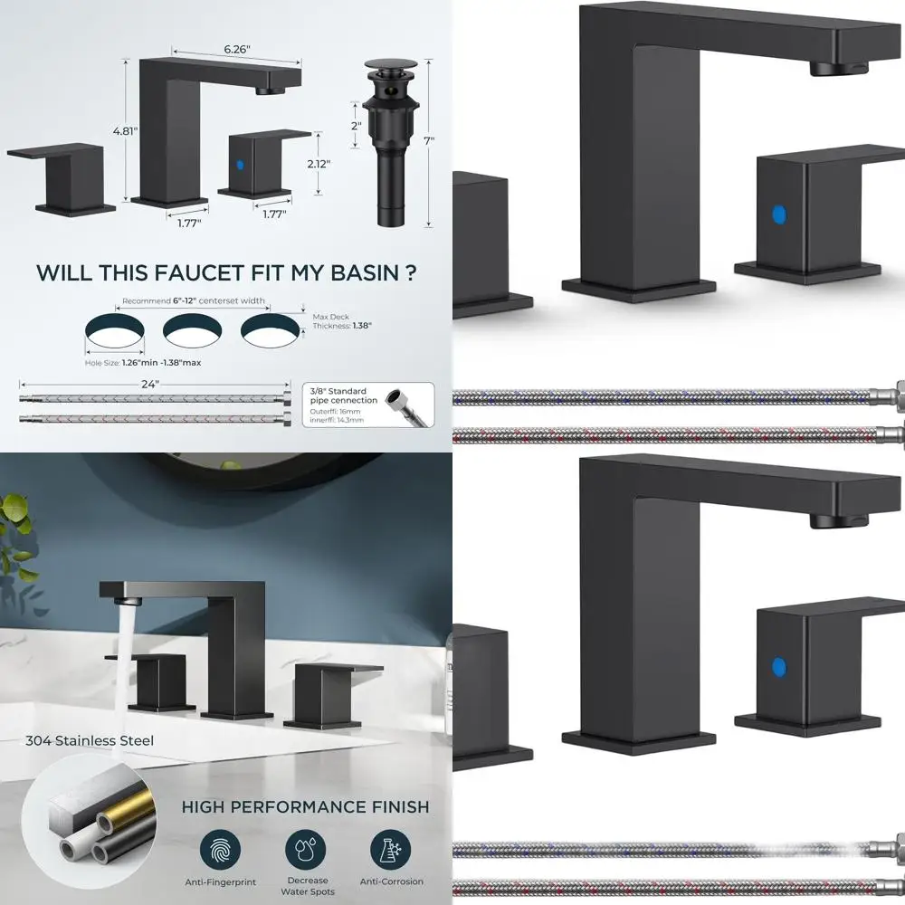 

8 Matte Black 3-Hole Widespread Square Sink Faucet with Metal Pop-Up Drain and cUPC Supply Lines for Bathrooms and Malls