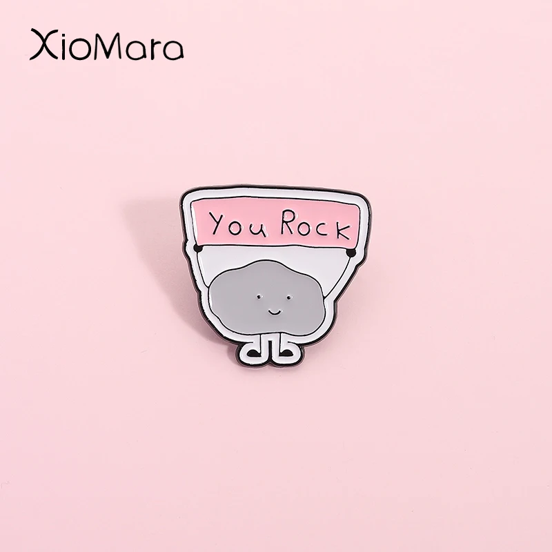 Cute Grey Stone Enamel Pins You Rock Appreciation Encouragement Quotes Metal Brooches Lapel Badge Jewelry Gift For Best Friends