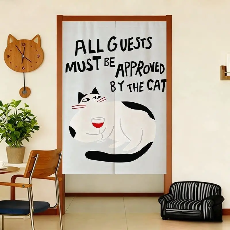 Fun Black Cat Door Curtain, Personalized Cartoon Fabric Door Curtain, No Punching, Bedroom Entrance, Privacy Partition Curtain