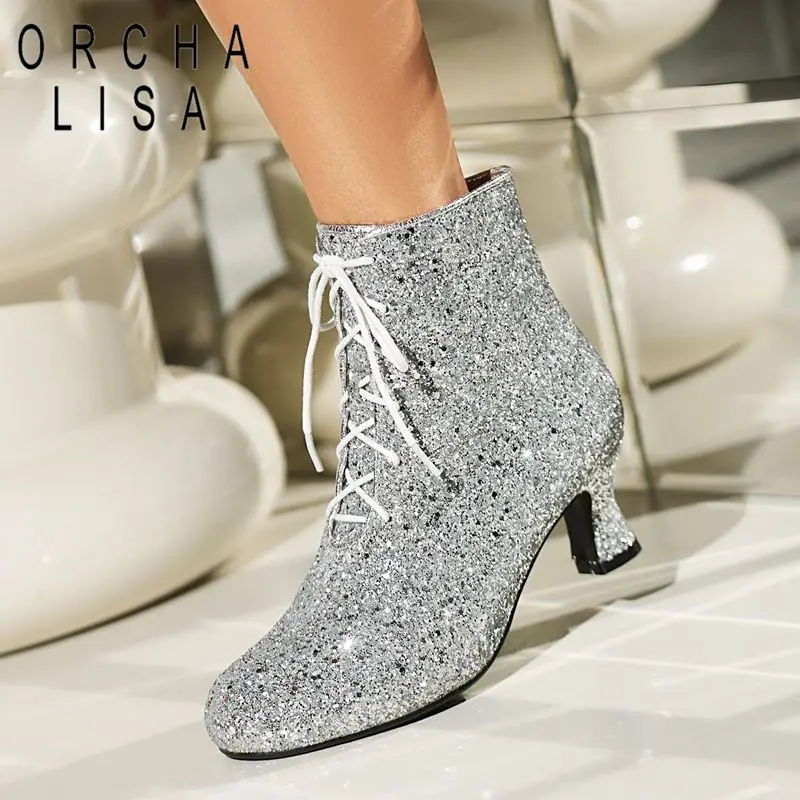 

ORCHA LISA Luxury Women's Ankle Boots Round Toe 5.5cm Block Heel Zipper Lace Up Bling Large Size 42-43 Banquet Sexy Dating