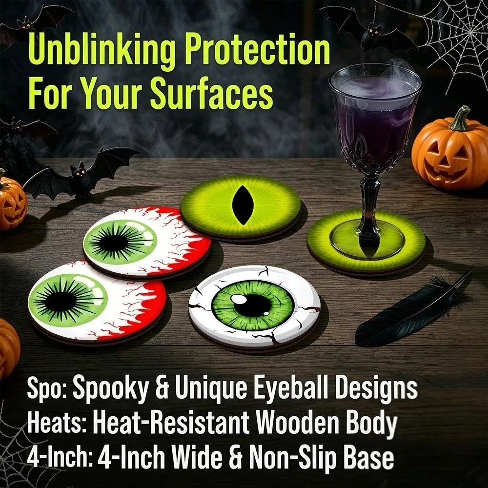 6pcs Non-slip Halloween Coasters Wooden Soft Bloodshot Eyeball Coaster Heat-Insulating Cat Eyes Cup Mat Dining Table