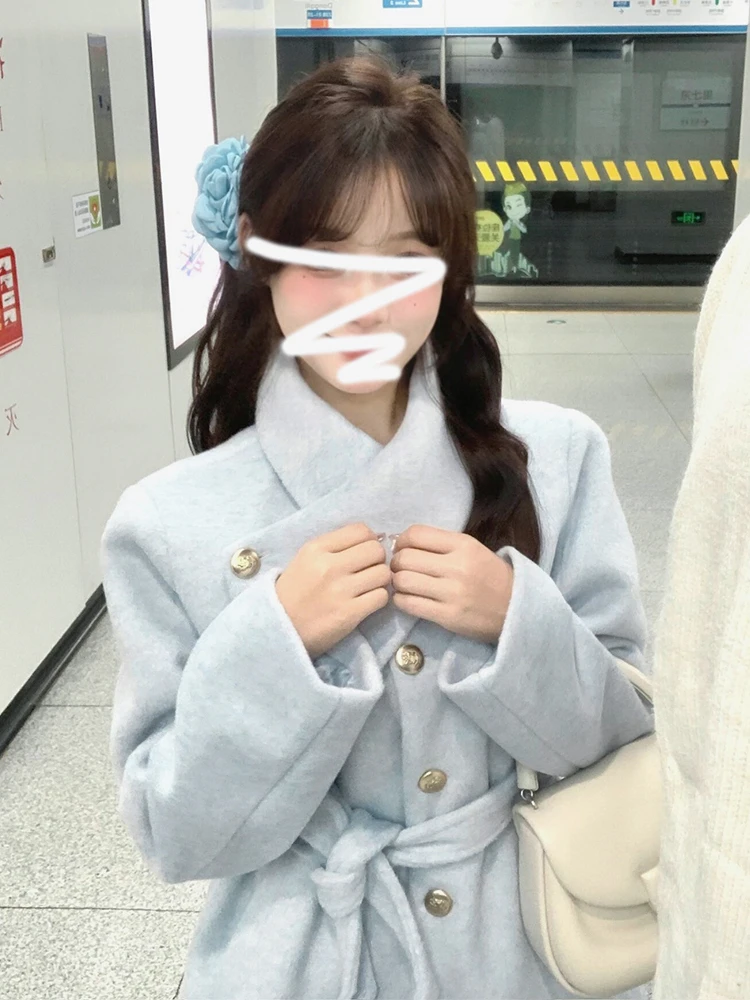 

Синее шерстяное пальто для женщин, осенне-зимнее, высококачественное, в корейском стиле, маленький размер, с цветочным узором, однотонный дизайн