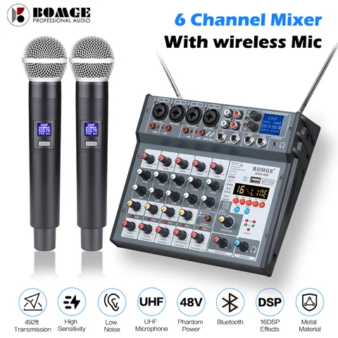 6 채널 오디오 믹서 믹싱 콘솔 내장 마이크 UHF 무선 마이크 DJ 가라오케 PC 레코드 용 Bluetooth USB 16 DSP 효과