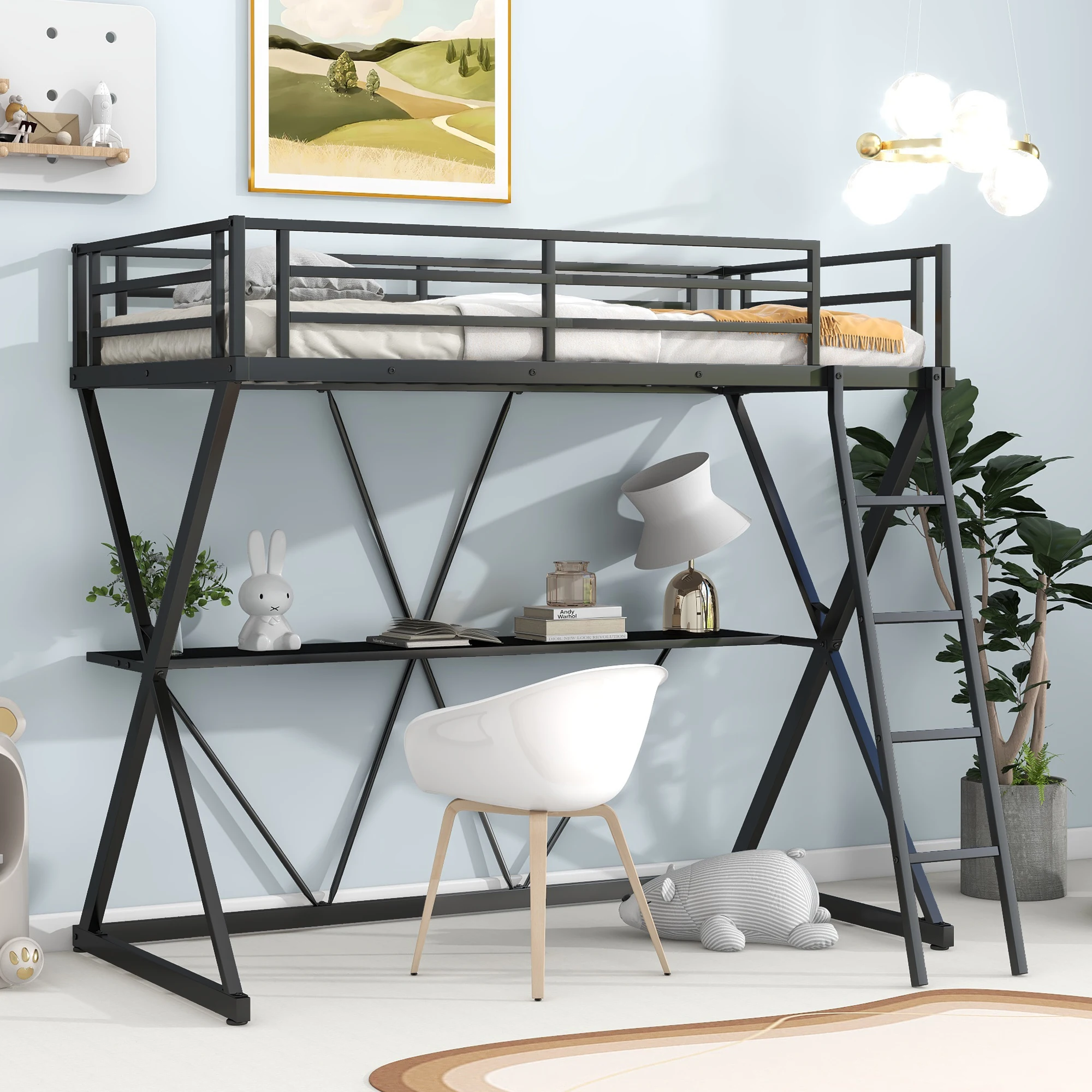 Twin Size Loft Bed with Desk and Guardrails