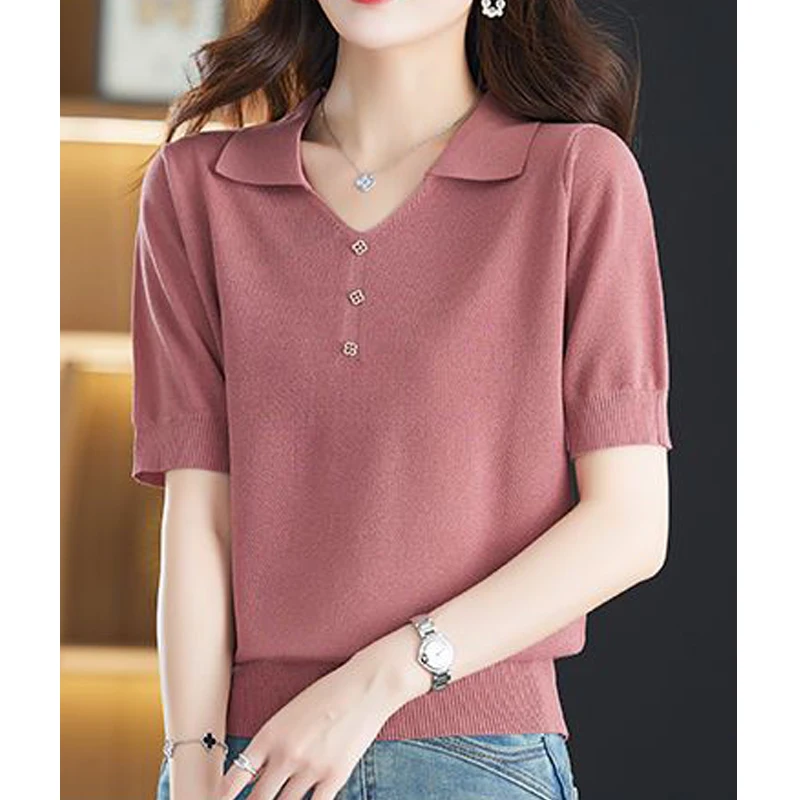 Women\'s Clothing 2023 Summer Korean Fashion Elegant Ice Silk Knitted T-shirt Solid Color V Neck Short Sleeve Loose Pullover Tops