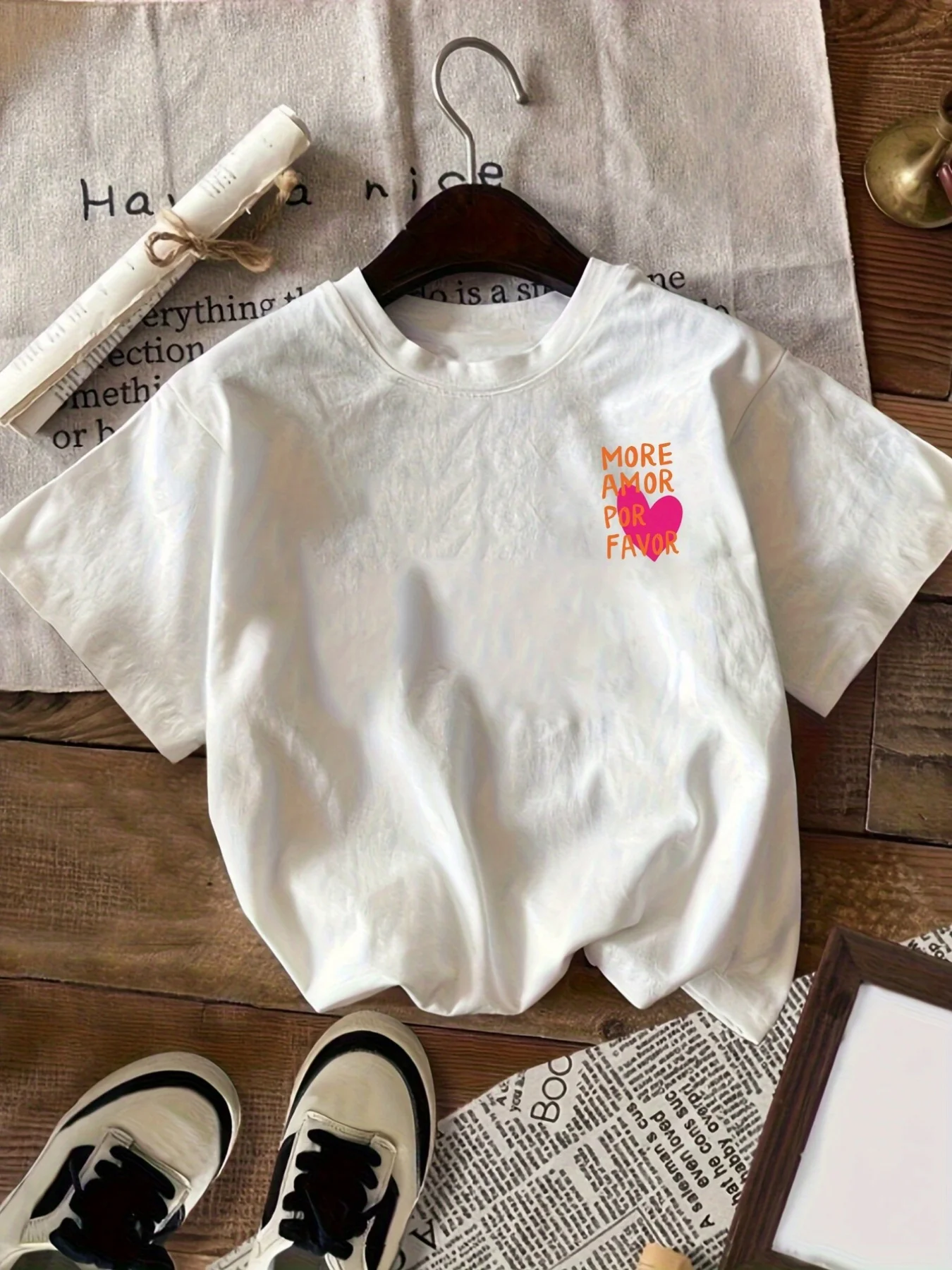 [Front and Rear Double Pictures] Front and Rear Printed Short Sleeves, More Love, Please Love a Little More Printed Round Neck Women's Casual Short-sleeved Top - Women's Clothing, Comfortable Fit, Classic Design