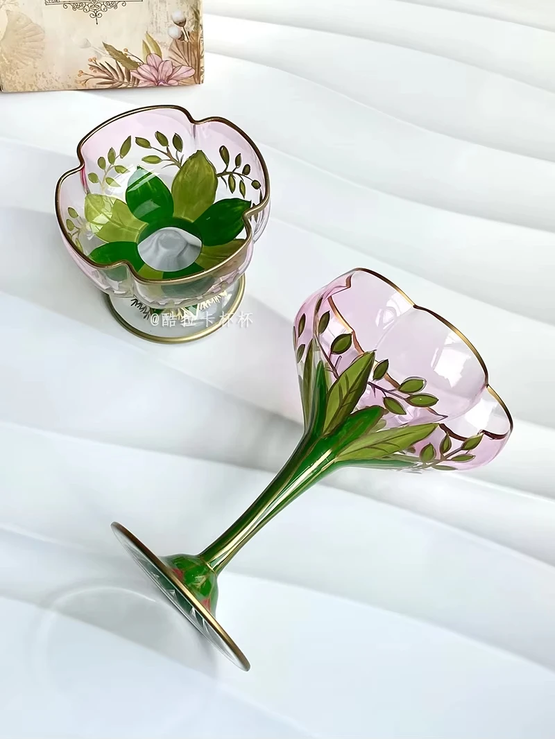 

Nordic Light Luxury Pink Hand Painted Crystal Glass Champagne Wine Cup Red Wine Goblet Ice Cream Bowl Flower Design