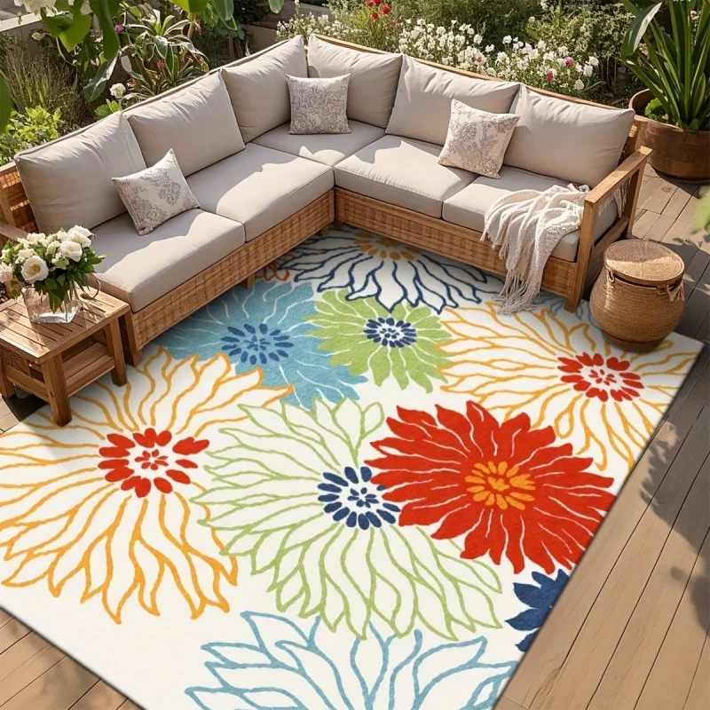 Nouveau tapis de patio extérieur aux motifs floraux vibrants, grand tapis imprimé de chrysanthèmes colorés pour salon, jardin, terrasse