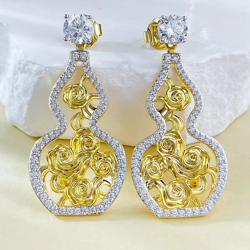 Spring Qiaoer 2024 New Copper Plated Gold Plated Rose Shaped Zircon Drop Earrings for Women Lab Gem Diamond Fine Jewelry