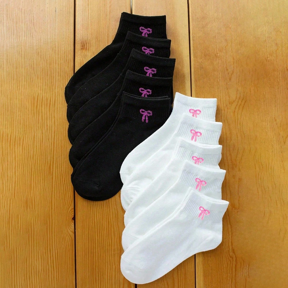 5 Pairs Women Cute Bow Printed Black White Socks Spring Autumn Sweat Absorbing Breathable Soft Comfortable Casual Socks