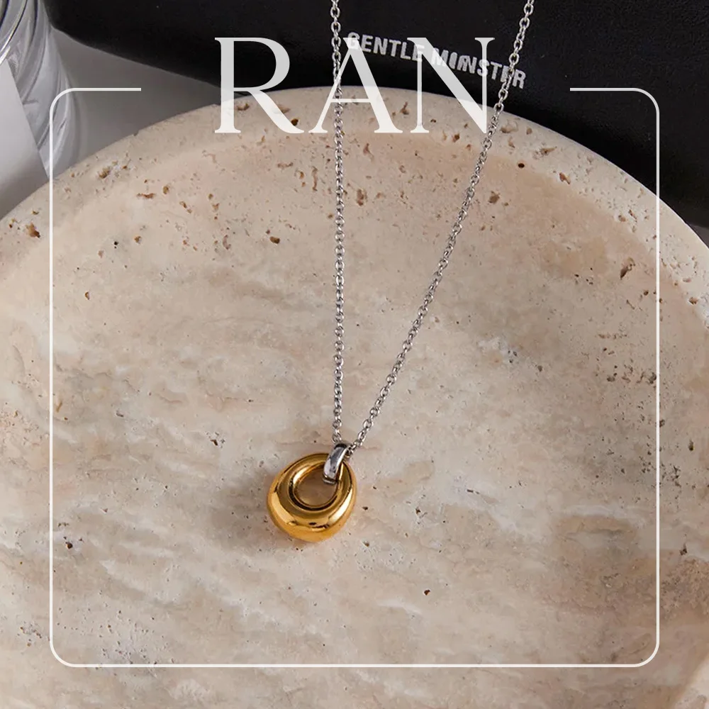 Two‑Tone Stainless Steel Necklace for Women 18K Gold Plated Hollow Oval Circle Pendant Necklaces Waterproof Minimalist Jewelry