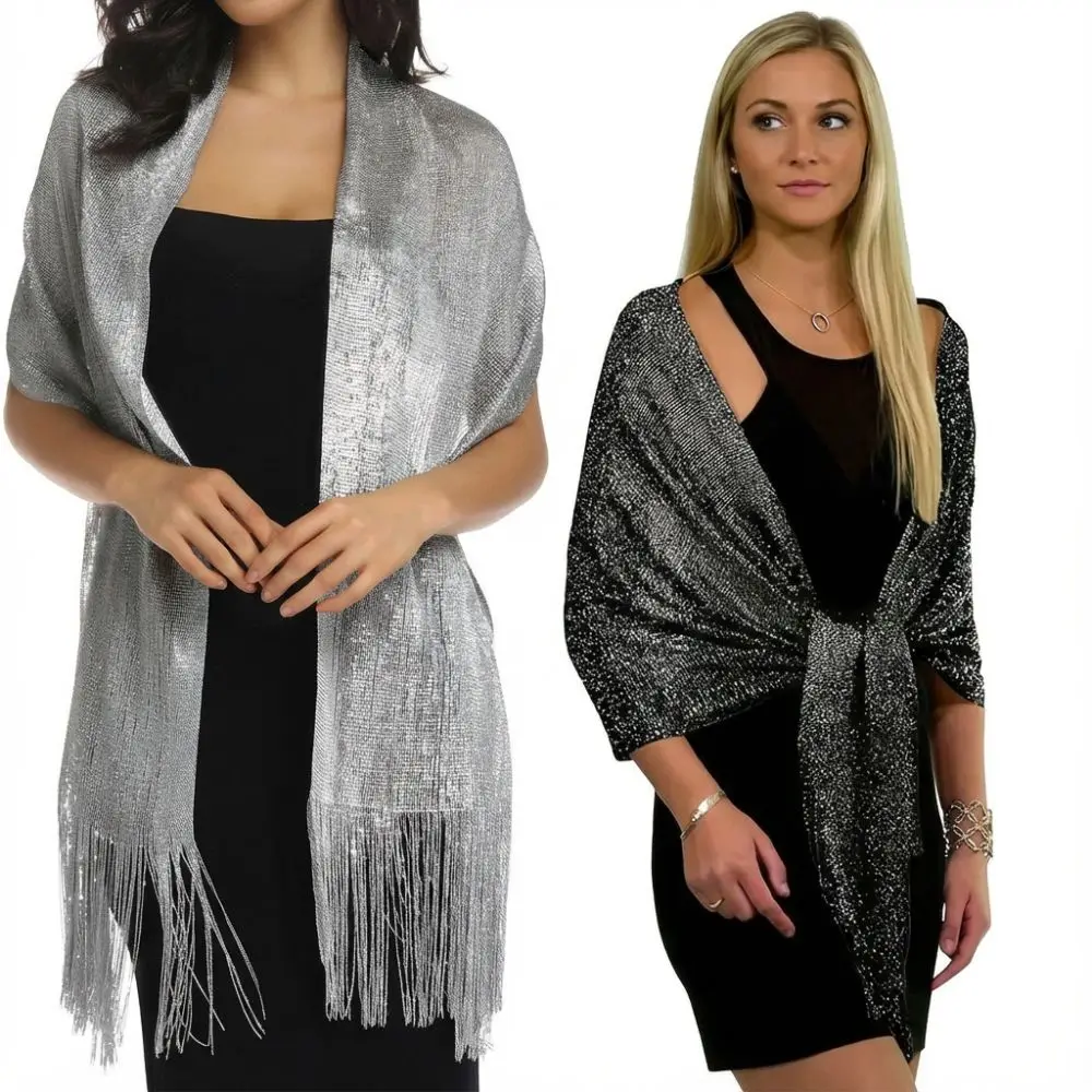 Elegant Shiny Metallic Scarf Gold Silver Thread​ Long Party Evening Dress Scarf with Tassel Banquet Shawl