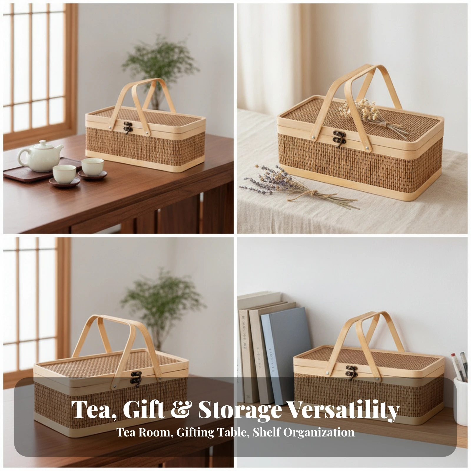 Bamboo Gift Box with Handle Traditional Woven Bamboo Basket with Clasp Storage Box with Lid Natural for Festivals