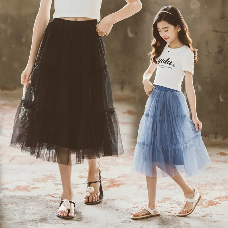 

Elegant Children Blue Black Color Long Mesh Wrap Layered Skirt For Teens Girl Fashion A-line Skirt with Mesh Kids Age 5-14 Years