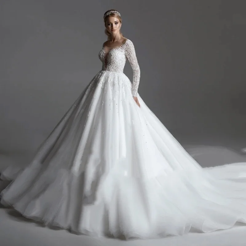 

Customized Gorgeous Appliques Beading Ball Gown Wedding Dresses Classic Scoop Neck Long Sleeve Princess Bridal Gown Vestido