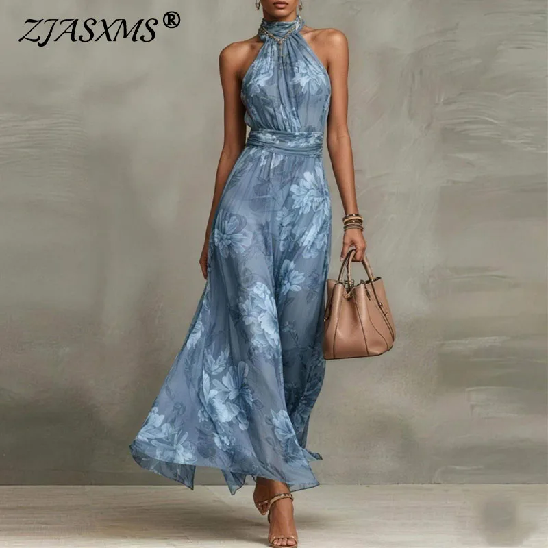 Neues 2026 Frühling Elegantes Blumenmuster Fließendes Maxikleid Damen Sexy Neckholder Geraffte Taille Langes Kleid Sommer Ärmelloses Urlaubskleid