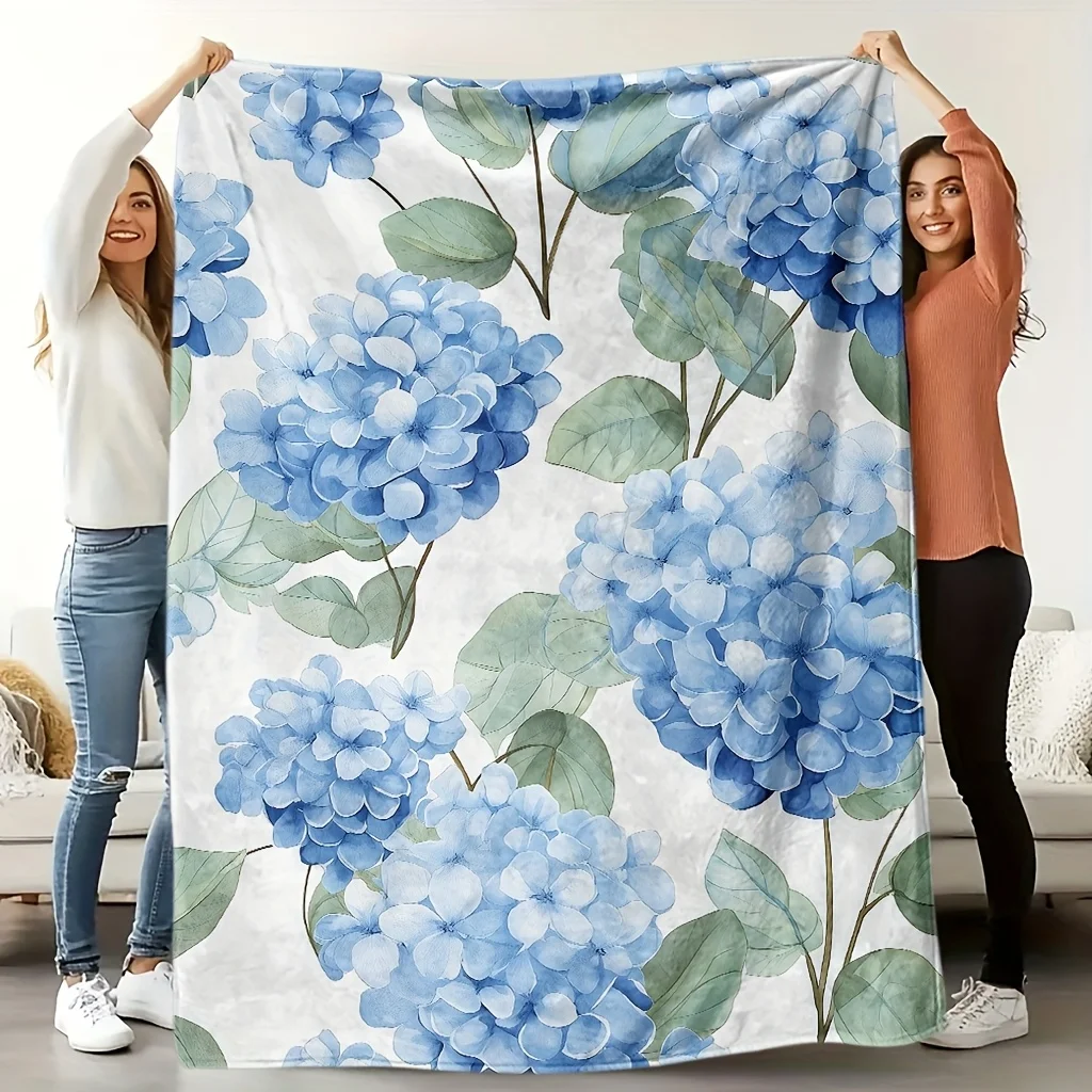 Watercolor Blue Hydrangea Floral Flannel Blanket, Hand Drawn Hortensia Green Leaf Print Soft Throw for Bedroom Sofa Travel Fresh