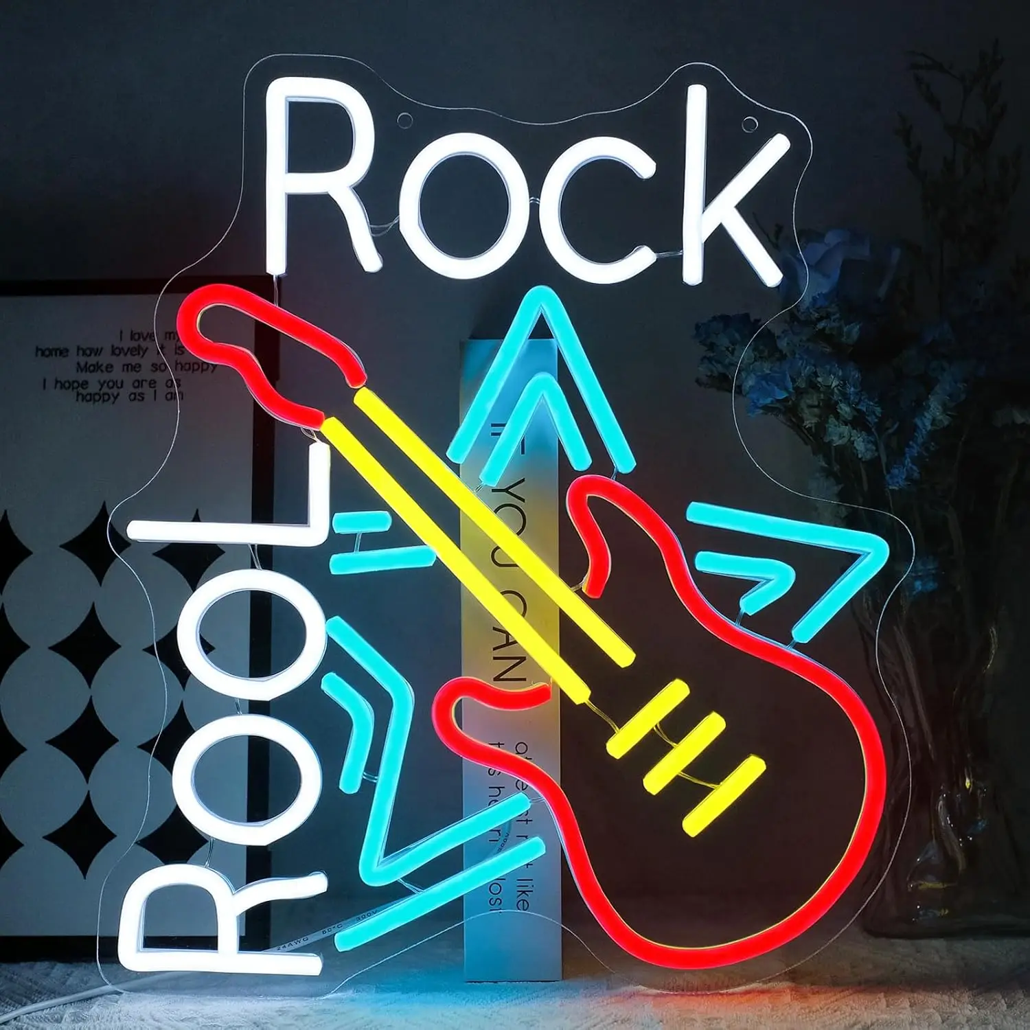 

15x12.8in Rock Rool Neon Sign Wall Decor Music LED Light Guitar Music Studio Bar Nightclub Disco Party Man Cave Decoration Gift