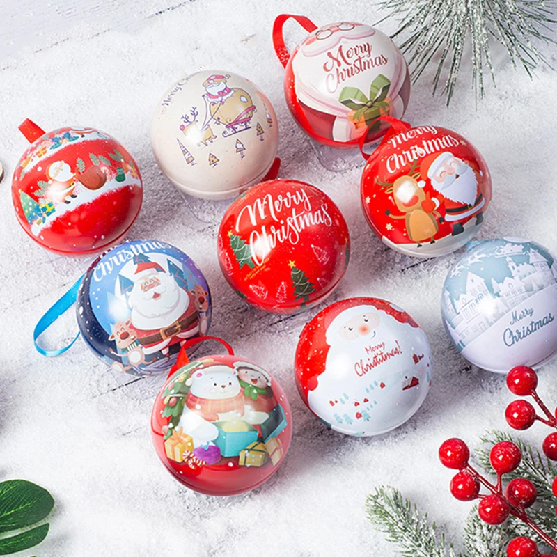 

Creative Christmas Candy Box Tin Round Ball Shaped for Kids Gift Packaging Box DIY Xmas Tree Hanging Decoration Party Supplies