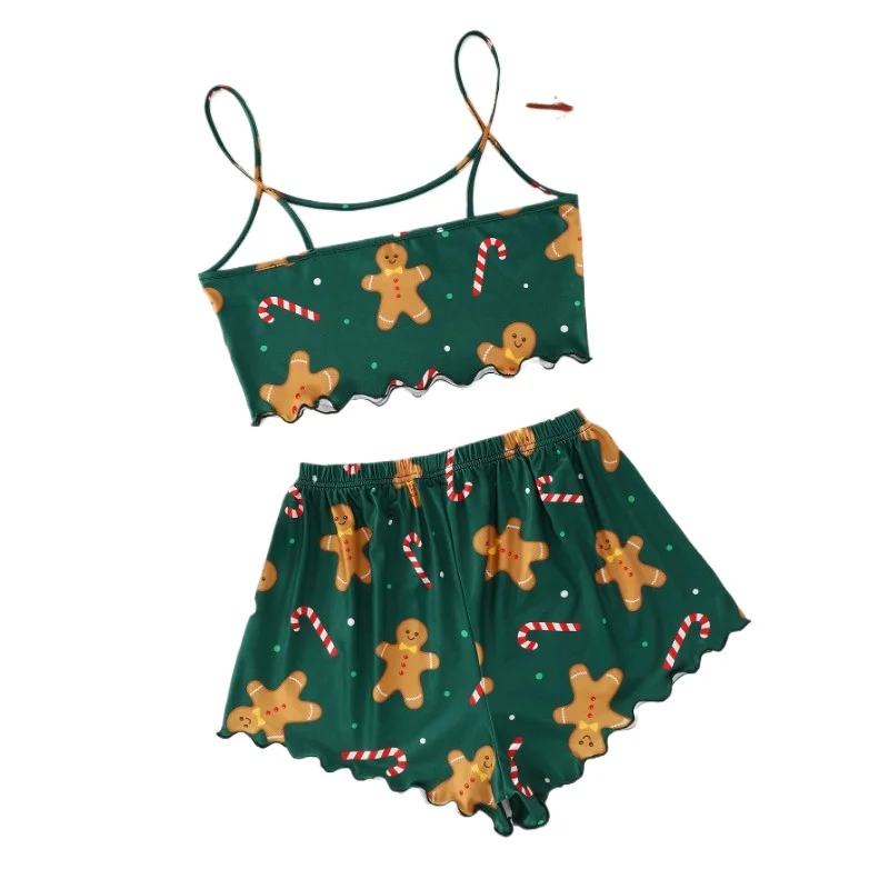 Sexy Nightwear Women Sleeveless Christmas Pajamas Gingerbread Printed Halter Homewear Two-Piece Set Ladies Sleepwear Oungewear