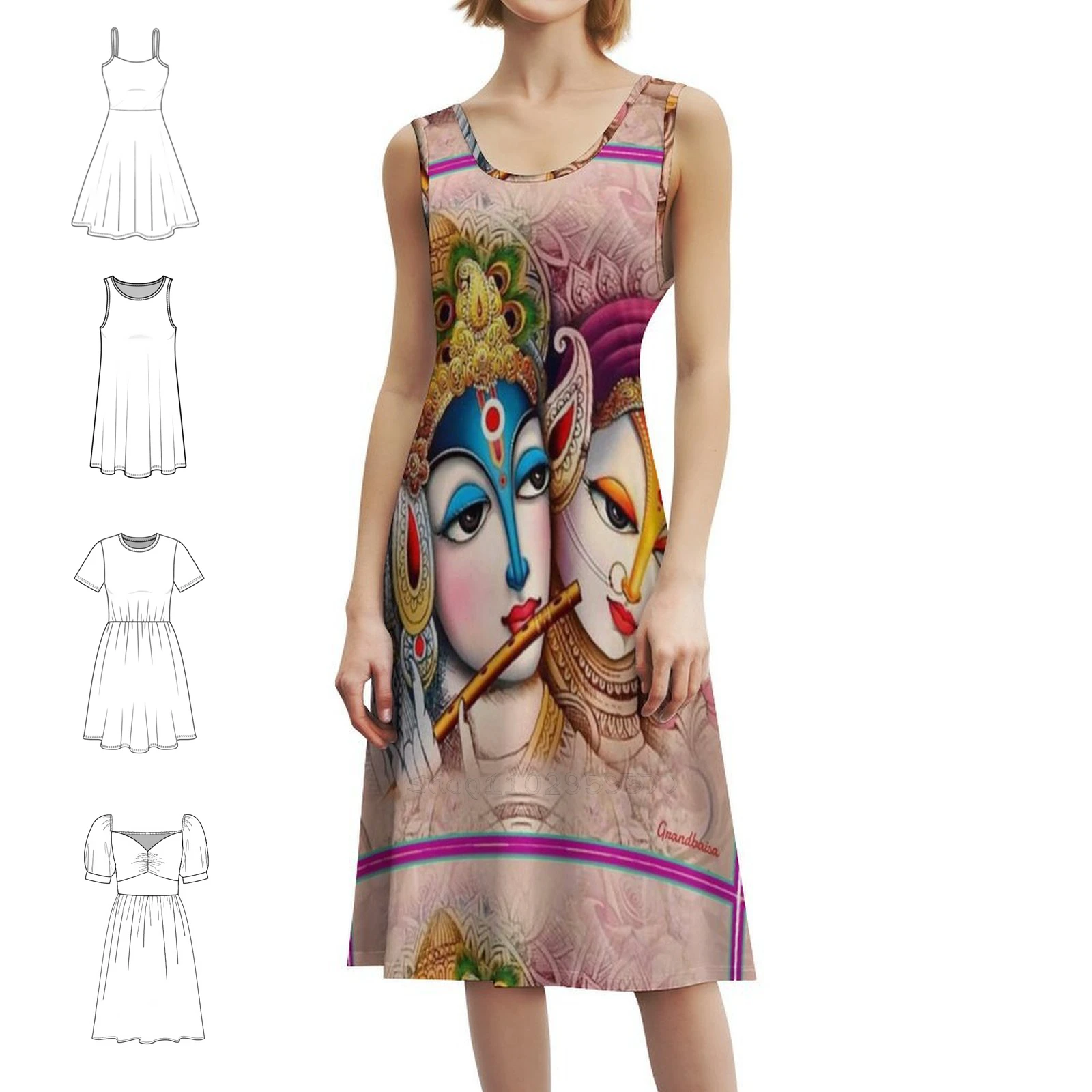 

Radha Krishna Flute Melody-Spiritual Hindu Art Богемное платье без рукавов с несколькими принтами Пляжное праздничное платье Radha Krishna