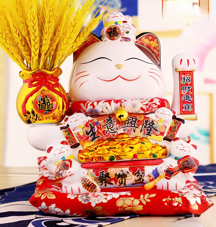 Waving Lucky Cat Ornament for Prosperous Business and Wealth with Automatic Waving Hand Decor Effigy