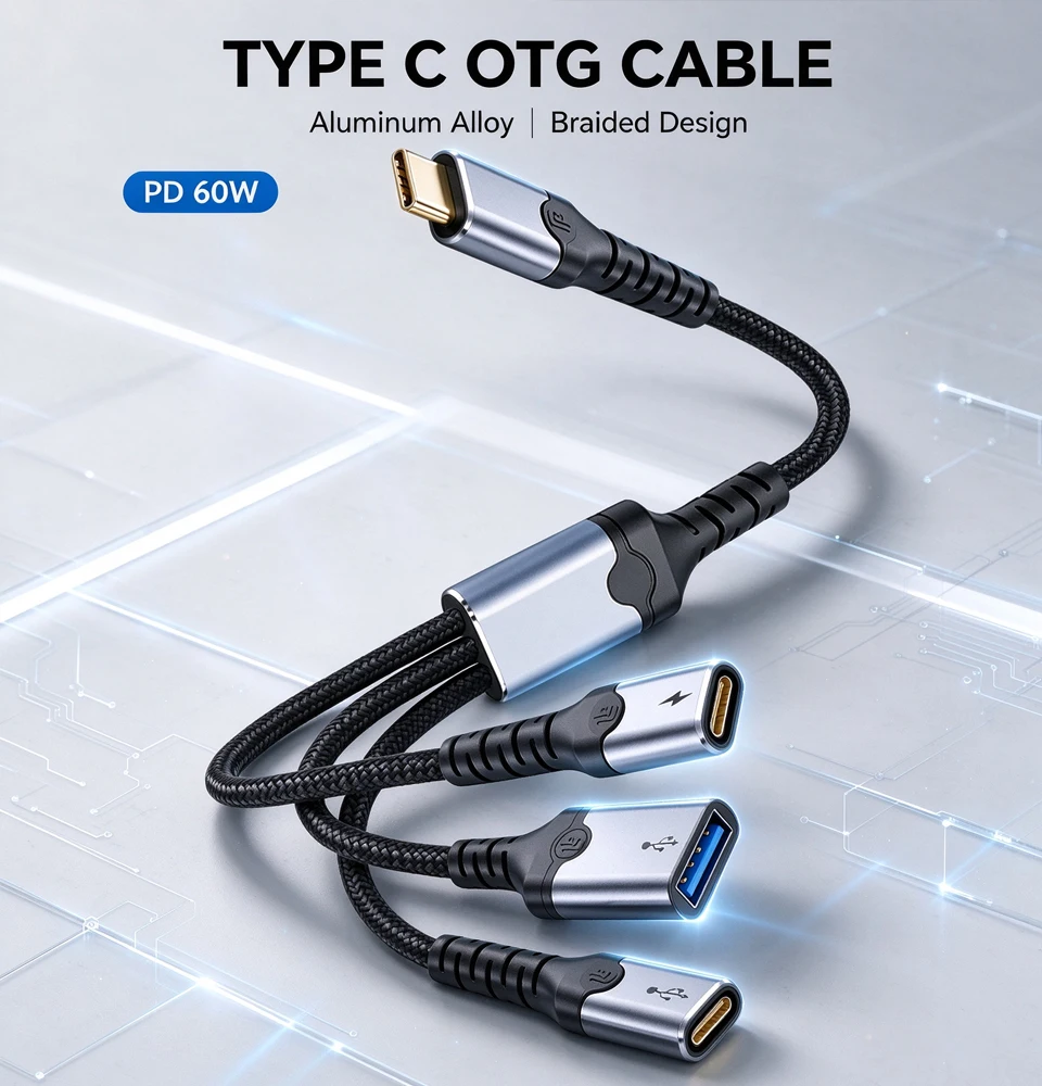 PD 60w USB C Multi Ports Adapter Cable Fast Charging Type-C Male to USB+Type C Female Splitter OTG Data Transmission Connector