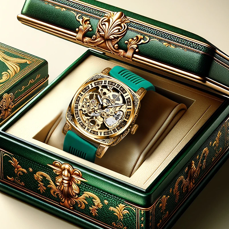 

Мужские повседневные стильные часы желто-зеленого цвета с универсальной гравировкой ремешком и полностью автоматическим механическим механизмом.