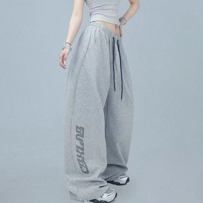 여성용 편지 인쇄 바지 느슨한 스포츠 바지 힙합 스트리트 댄스 넓은 다리 높은 허리 바지 캐주얼 심플한 디자인 Y2K