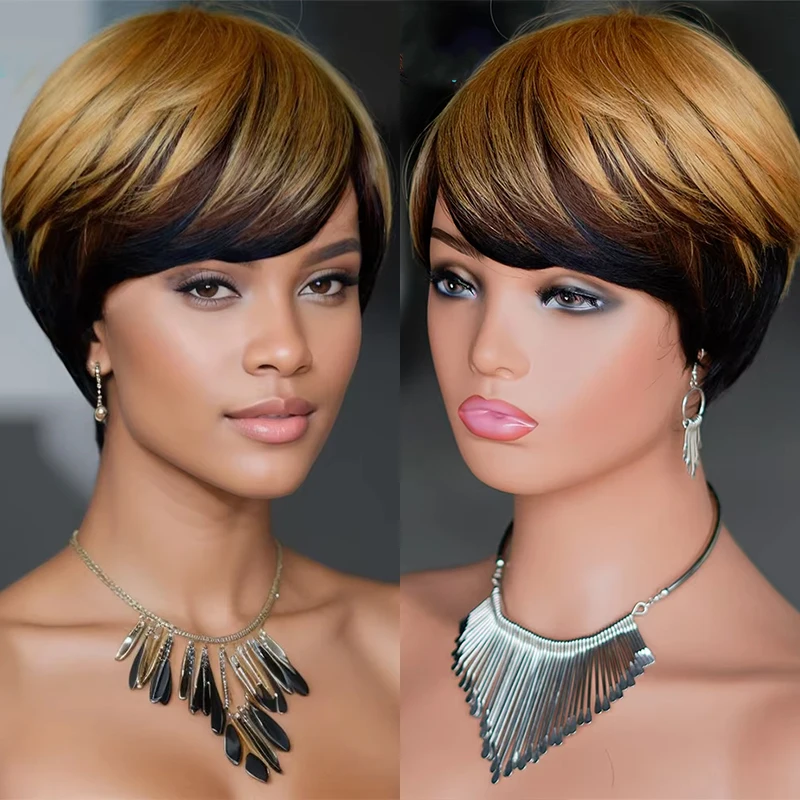 

Парик с стрижкой пикси цвета омбре, полностью машинное производство, парики из человеческих волос, предварительно выщипанные, короткие парики Боб, бразильский парик Remy, медовый блондин, 1B/27