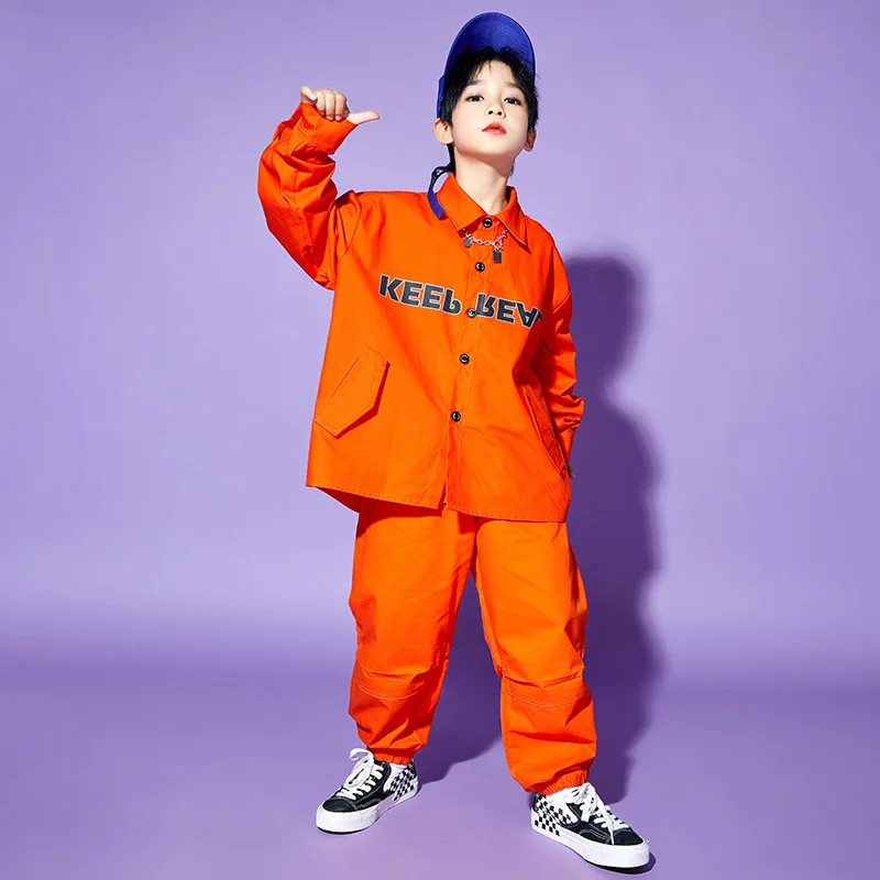 女の子オレンジヒップホップ服プリントジャケットトップカーゴパンツ子供男の子ジャズダンス衣装服