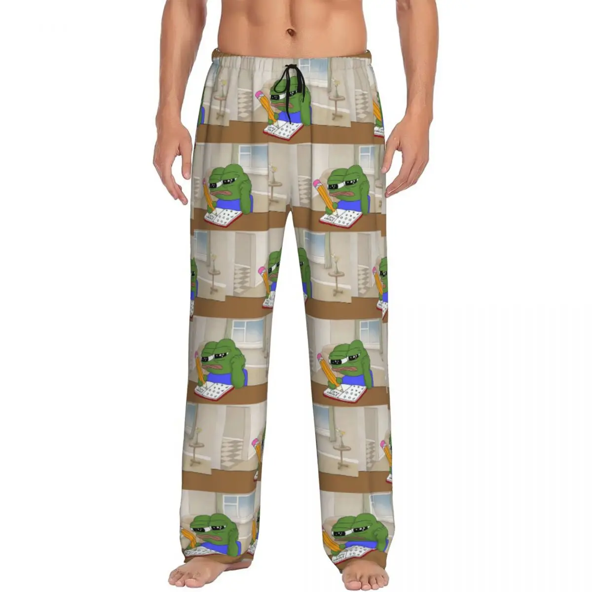 Custom Funny Sad Pepe Frog Meme Pajama Pants Men Sleepwear Sleep Lounge Bottoms with Pockets