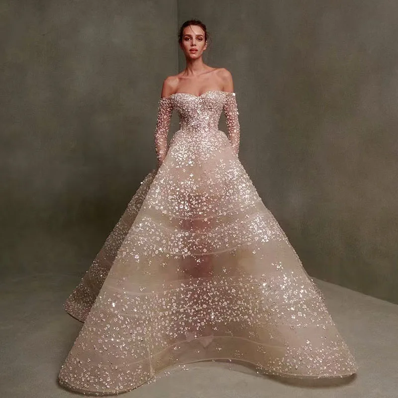 

Luxury Dubai Champagne Off Shoulder Gold A-line Evening Dress Arabic Wedding Dress Sequins Bridal Ball Gown Party