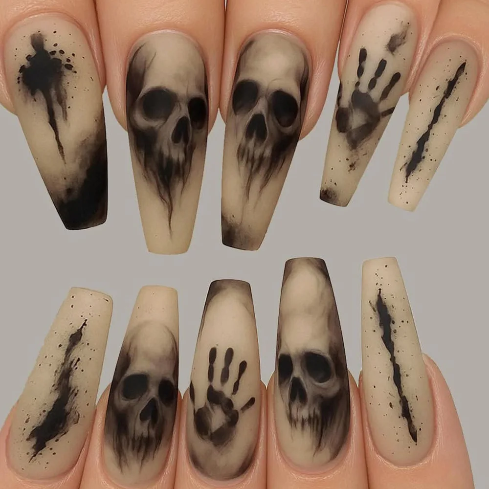 Halloween Nail Art 24Pcs Fake Nails Multiple Styles Spooky Cute Ghost Pumpkin Press On Nails with 1 Jelly Glue and 1 Nail File