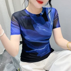 2024 Simple Chic Mesh High Street Female Three-Dimension T-shirt Spring Summer Flower Slim Woman S-4XL Short Sleeve Charming