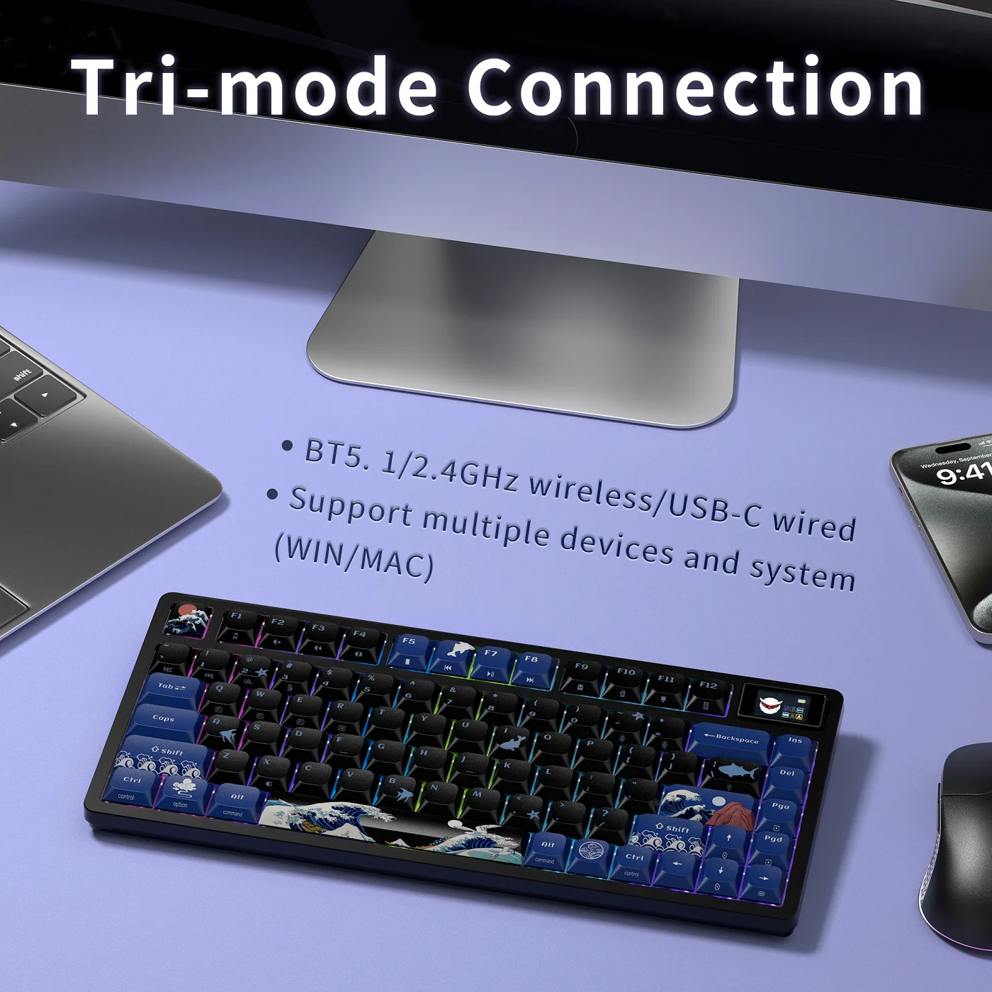 XVX Low Profile Mechanical Keyboard Wireless L75 PRO Black Wave Kanagawa Tri-Mode Connection Gaming Keyboard Gasket-Mount Design