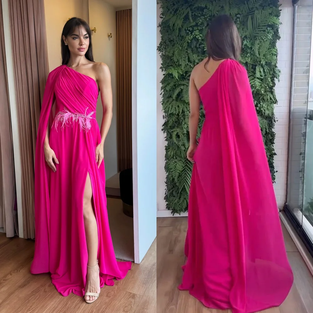 Customized Formal Modern Style One-Shoulder A-line Sequined Feathers Floor-Length Chiffon Bespoke Occasion Dresses Evening