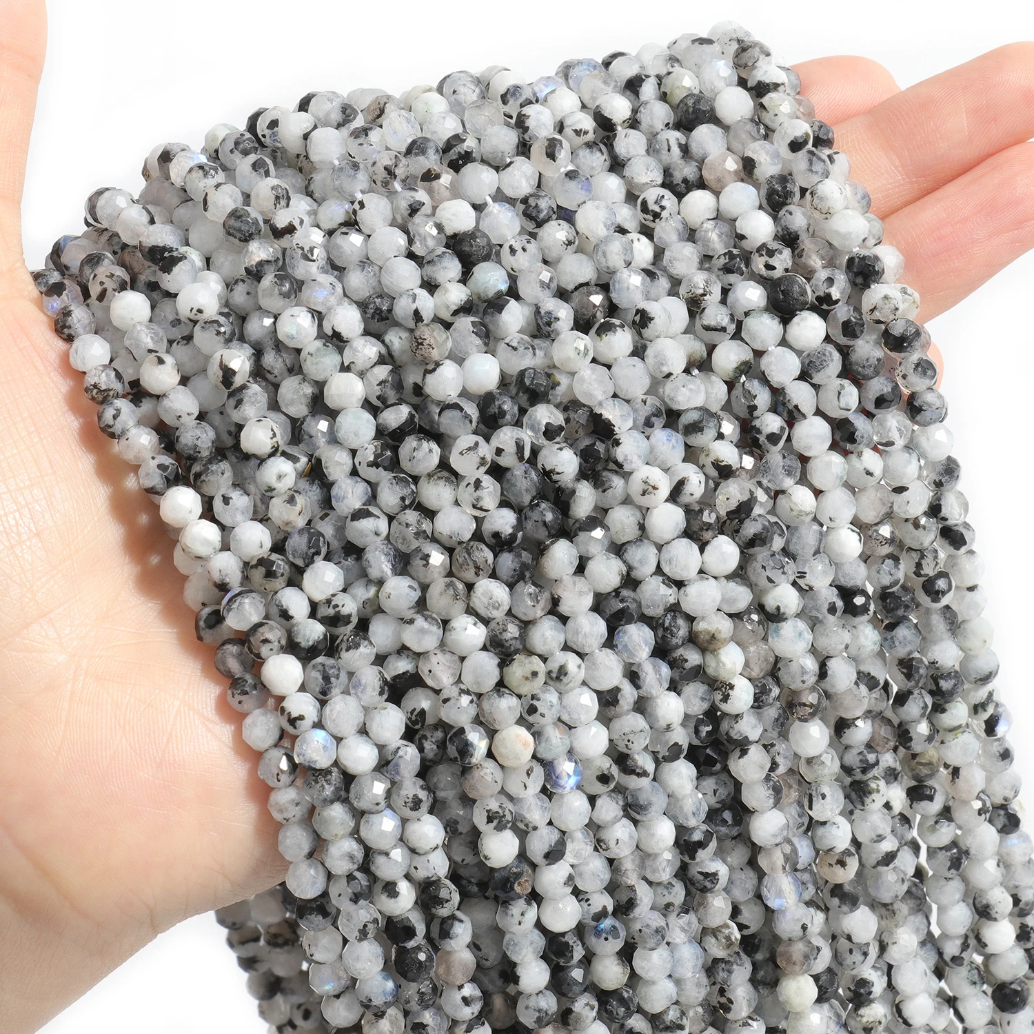 

2/3/4mm Faceted Black Dot Moonstone Natural Stone Beads Round Tiny Beads For Jewelry Making DIY Necklace Bracelet Accessories