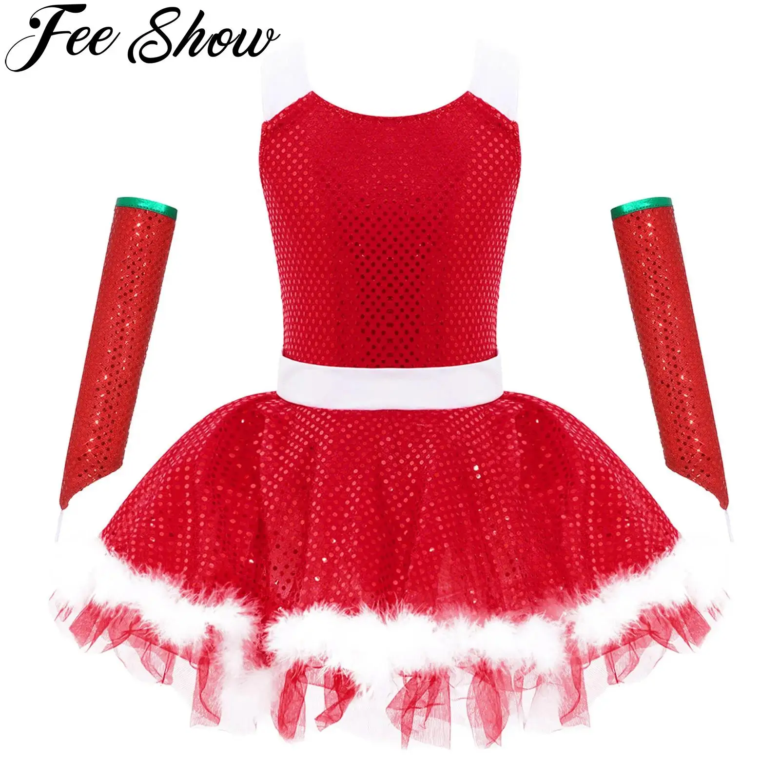 الفتيات عيد الميلاد قزم ثلج زي عطلة السنة الجديدة حفلة لامعة الترتر الباليه الرقص الشكل التزلج فستان ثياب بأكمام #1