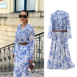 Taop&Za Women's 2024 Summer New Resort Style Casual V-neck Long Sleeve Belt Stacked Decoration Printed Dress 2298/077