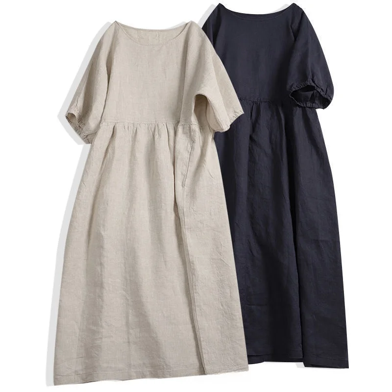 

Loose Cotton Linen Dress Short Sleeve Casual Style A-Line Skirt Spring Summer Women's Fashion Single Piece round Neck C...