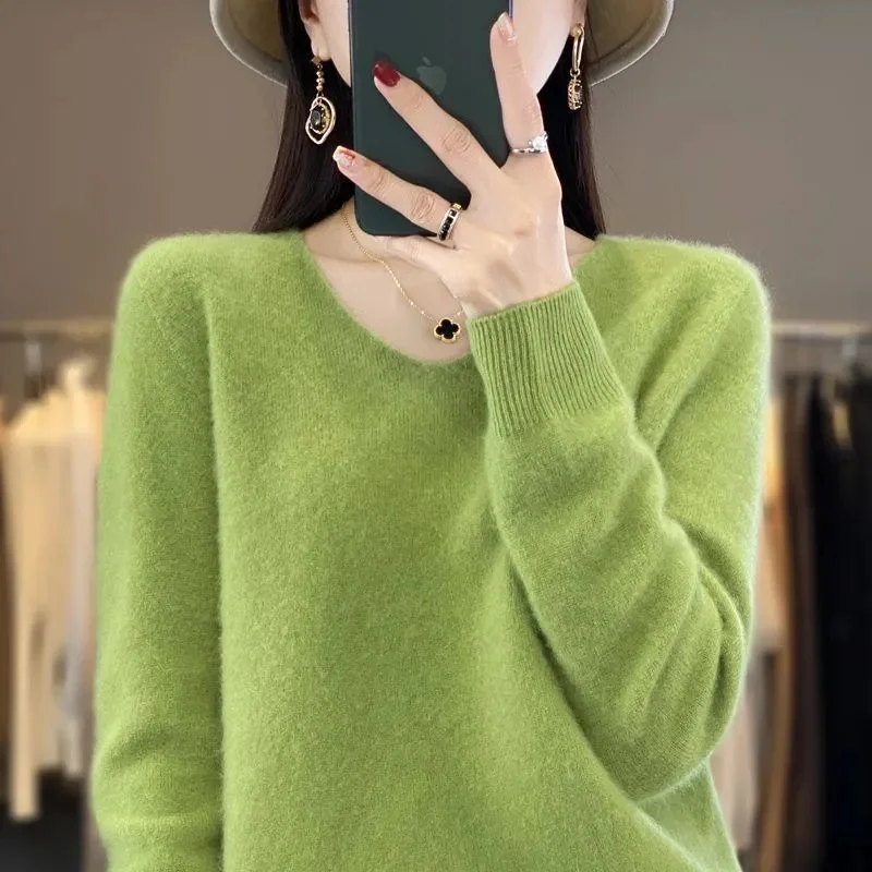 

Корейский кашемировый свитер с v-образным вырезом, женский осенне-зимний повседневный универсальный свободный вязаный пуловер, женский вязаный свитер