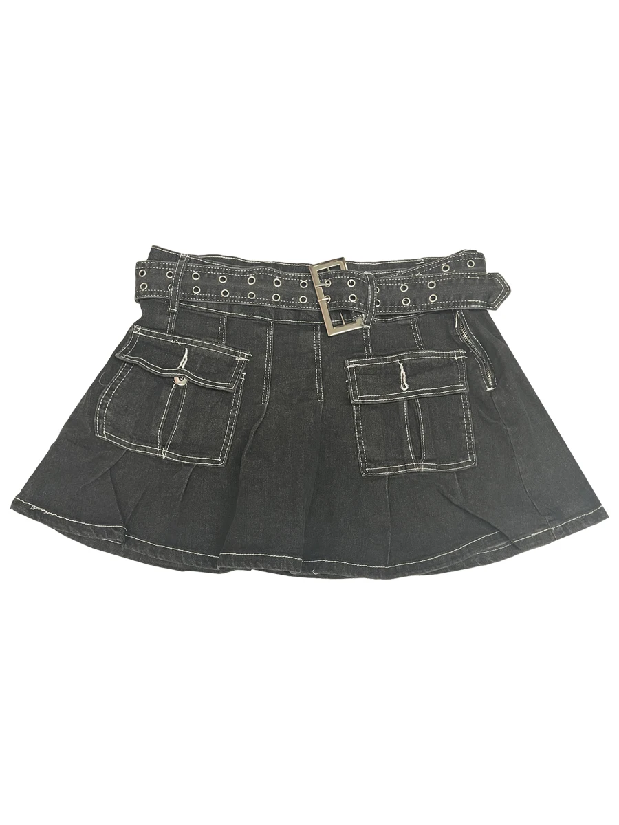 

Women s Spring Summer Mini Denim Skirt Solid Color Pleated Multi-pocket Skirt with Belt