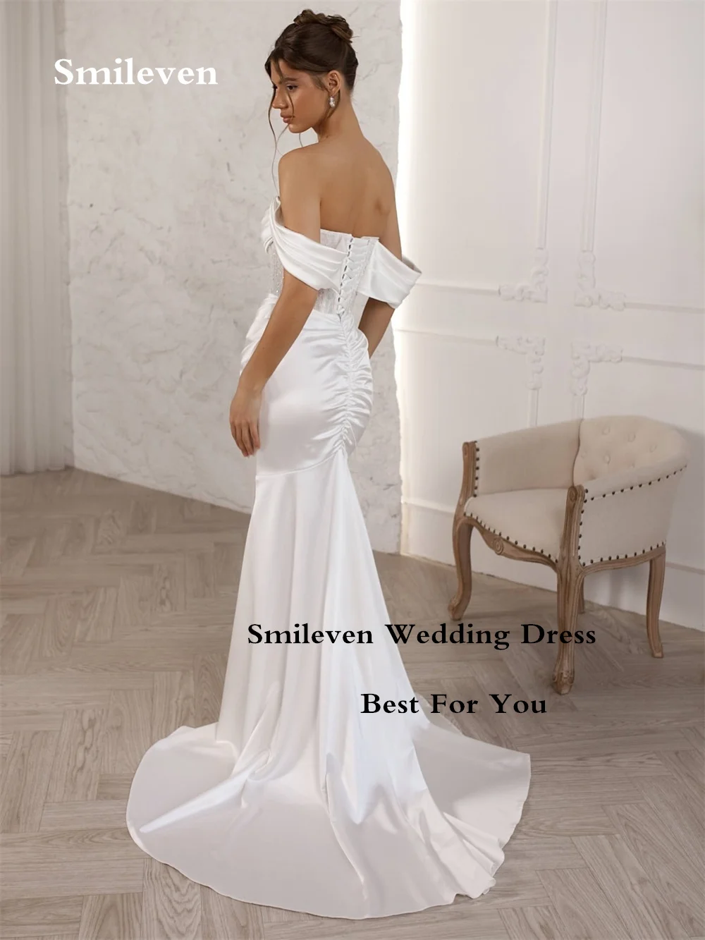 Smileven White Satin Mermaid Wedding Dresses Off‑Shoulder Bridal Dress Lace Corset Draped Wedding Gowns Customized 2026